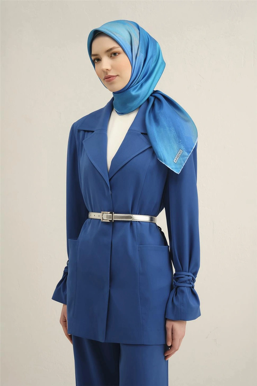 Armine Soyut Desenli Saf İpek Sura Eşarp 9308d 35 Mavi