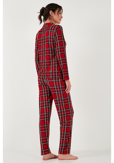 Lela Streç Regular Fit Apaş Yaka Beli Lastikli Bayan Pijama Takımı 65720501 Kırmızı-Yeşil