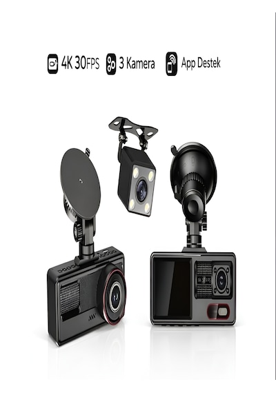 Araç İçi Kamera 4k 30fps Dvr 3 Kameralı Lcd Ekranlı Gece Görüşlü Araba Kamerası