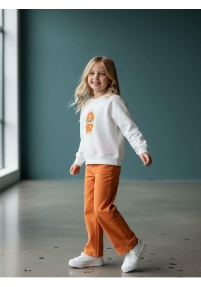 Kız Çocuk Pamuklu Karakter Baskılı Oversize Tasarım Sweatshirt-16454 Beyaz