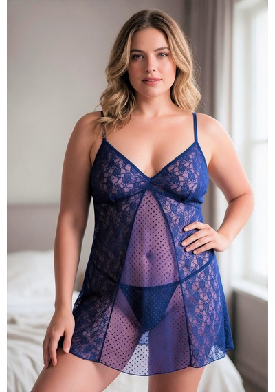 İçtemoda Büyük Beden İp Askılı Transparan Tül Gecelik String Takım 3034 Saks