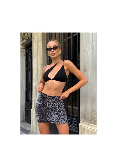 Winmoda34 Kadın Mini Leopar Tül İçi Astarlı Etek Gri-leopar