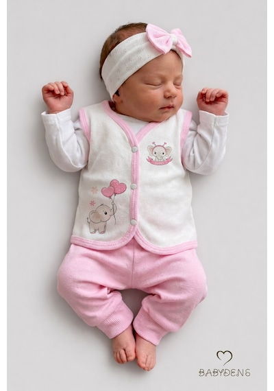 Babyden's Kız Bebek 3 Lü Yelek Seti Kalp Jakar Desenli Fil Baskılı Çıtçıtlı Yelek Yenidoğan Mevsimlik Yelek Ekru - Pembe
