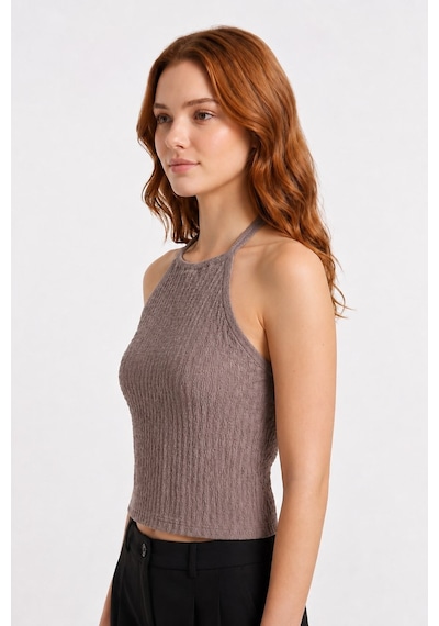 Cottonhıll Premium - Tide Collection Vizon Halter Yaka Boyundan Bağlamalı Bürümcük Dokulu Kadın Crop Bluz VİZON Cottonhıll Premium - Tide Collection Vizon Halter Yaka Boyundan Bağlamalı Bürümcük Dokulu Kadın Crop Bluz VİZON