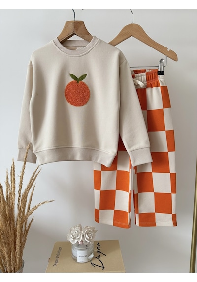 Magu Çocuk Portakal Nakışlı Ekru Sweatshirt Ve Turuncu Dama Eşofman Takımı Çok Renkli