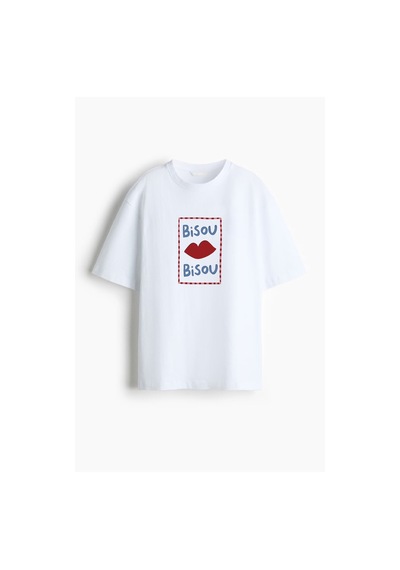 Kadın Premium Kumaş Baskılı Pamuklu Oversize T-shirt Ekru
