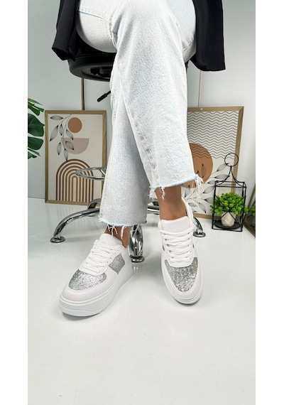 Günlük Kadın Sneaker Bağcıklı Hafif Kalın Yüksek Tabanlı Yürüyüş Nefes Alan Spor Ayakkabı 451 Simli - Beyaz