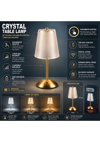 Crystal Table Lamp W028 Şarj Edilebilir Kristal Masa Lambası, Rgbw 3 Renk Işık, 3 Kademeli Parlaklık, Dokunmatik Kontrol, Modern Dekoratif Abajur Diğer