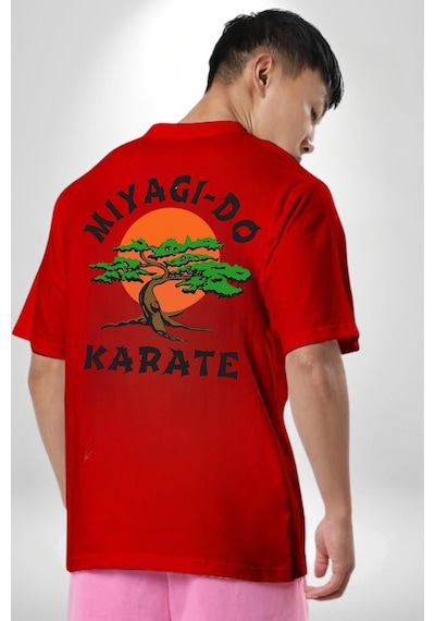 Miyagi-do Karete Çocuk Logo Dizi Bonzai Ağaç Kırmızı Oversize Unisex Ön Ve Sırt Baskılı Tişört Kırmızı