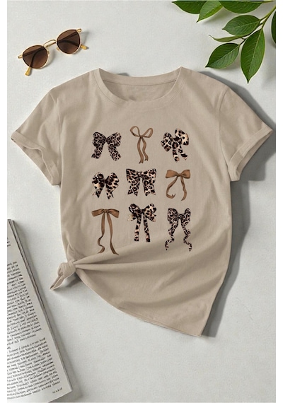 Uyguntarz Unisex Leopar Desenli Kurdeleler Baskılı Tasarım Tshirt Kırmızı
