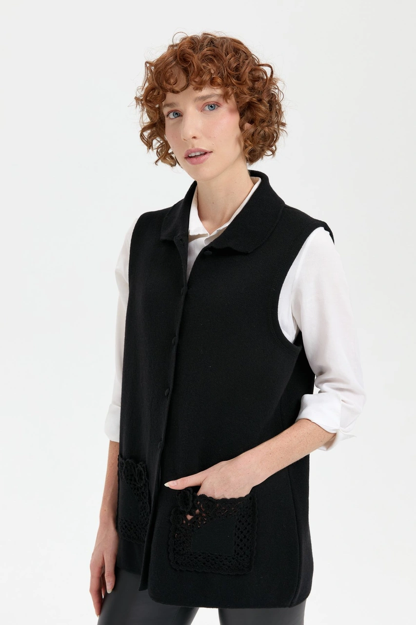 Desen Triko Kadın Polo Yaka Düğmeli Kısa Yün Yelek Siyah Siyah