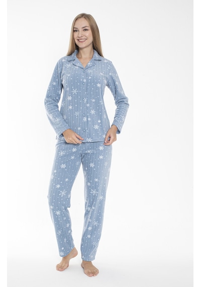 Estiva Kadın Kışlık Kar Desenli Önden Düğmeli Fitilli Polar Pijama Takımı Mavi Çok Renkli