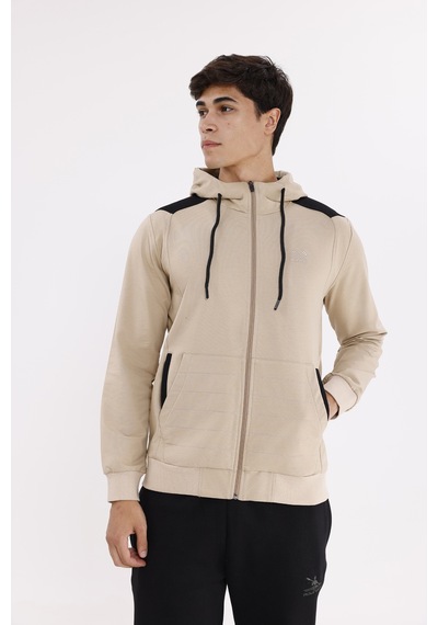 Rowinger Omuz Panel Detaylı Fermuarlı Kapüşonlu Erkek Sweatshirt Beıge
