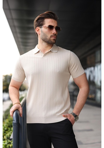 Madmext Taş Rengi Polo Yaka Triko Erkek Tişört E7461 Taş