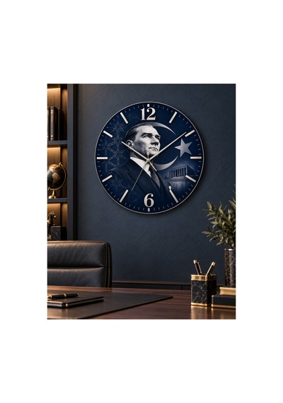 Atatürk Temalı 45 Cm Ahşap Sessiz Akar Mekanizmalı Uv Baskılı Dekoratif Duvar Saati Hediyelik 1092 Çok Renkli