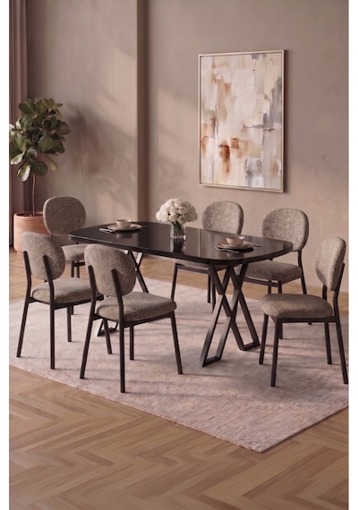 Hooli 90x168 Siyah Mdf Masa, Metal X Ayak, Metal Sandalye, 6 Kişilik Mutfak Masası Takımı Ve Yemek Masası Takımı Cappuccino Hooli 90x168 Siyah Mdf Masa, Metal X Ayak, Metal Sandalye, 6 Kişilik Mutfak Masası Takımı Ve Yemek Masası Takımı Cappuccino