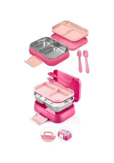 Happi Unicorn Paslanmaz Çelik Bölmeli Beslenme Kutusu 1030 Ml Çatal Kaşık Dahil Pembe