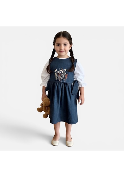 Bebe Nakış İşlemeli Denim Elbise Seti Mavi