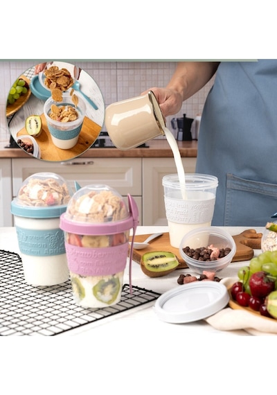 Pembe Take N Go Kaşıklı Hazneli Meyveli Yoğurt Kabı Piknik Iş Atıştırmalık Müsli Granola Süt Bardak
