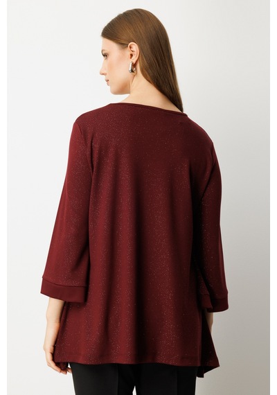 On Kadın Büyük Beden Kumaşı Simli Rahat Kalıp Bluz 61393 Bordo Bordo