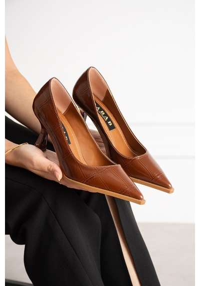 Dabab Shoes Nılay Kadın Taba Kroko Rugan Sivri Burun 7 Cm İnce Topuklu Stiletto Ayakkabı