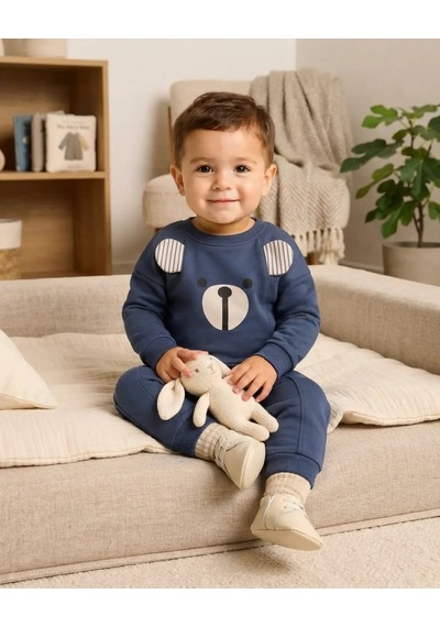 Minaminokids Alt Üst Takım Erkek Bebek Lacivert Kulaklı Baskılı Kışlık