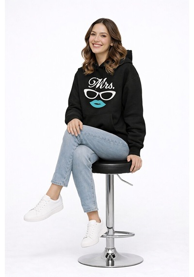 Nevermind Mr Mrs Baskılı Sevgili Kombini Oversize Hoodie Seti Unisex Sevgil Siyah