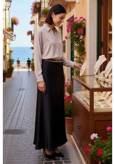 Benerly Kadın İnce Askılı Crop Top Saten Etek Takımı Kemer Detaylı Midi B Siyah