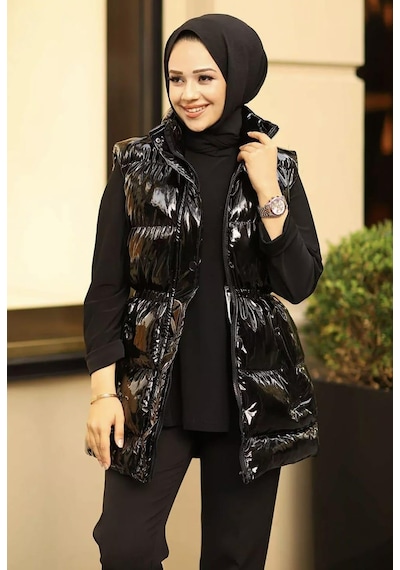 Hb Harma Time Butik Kadın Çıt Çıtlı Fermuarlı Cepli Siyah Parlak Şişme Yelek