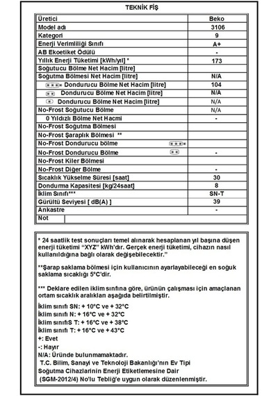 Beko 3106 104 LT Sandık Tipi Derin Dondurucu