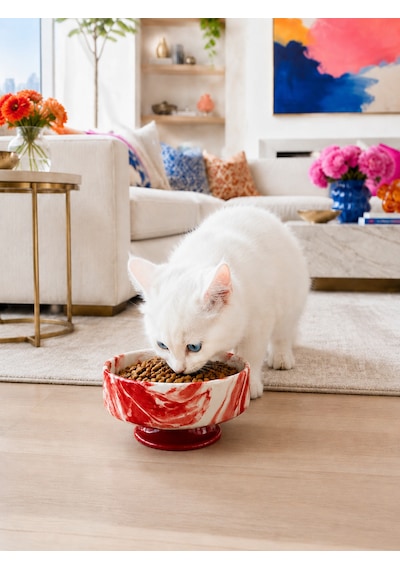 Mama Kabı Kedi Ve Köpek 1 Adet Doğal Mama Veya Su Kabı Kırmızı Marble