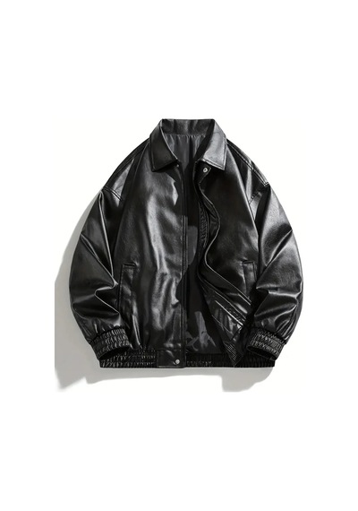 Meecy Kadın Oversize Unisex Bomber Deri Ceket Mont Black Black