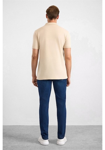 Süvari Bej Slim Düz Nakışlı Pike Düğmeli Polo Yaka Tişört Ts1014000474-bj3