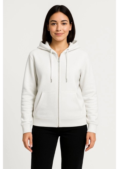 Novalisse Kadın 3 İplik Kapüşonlu Tam Fermuarlı Kanguru Cepli Sweatshirt Hoodie - Beyaz Çoklu Renk