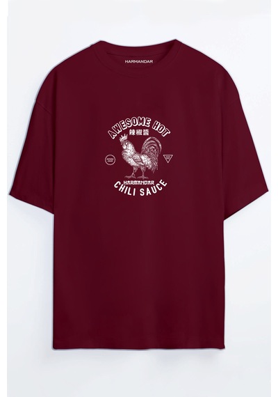 Chili Sos Baskılı Unisex Siyah - Turuncu - Bej Oversize T-shirt Bordo