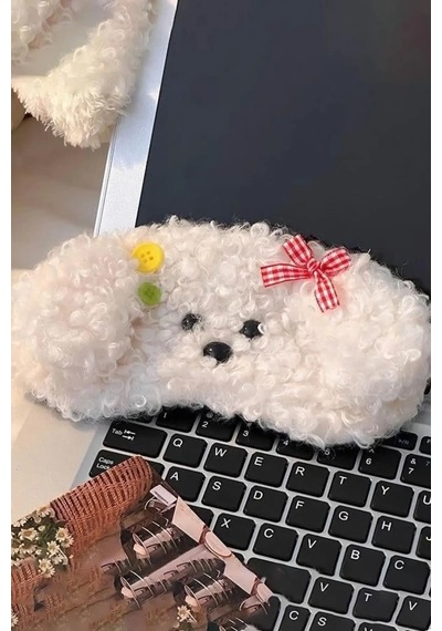 Caş Dekorasyon Beyaz Renk Köpek Motif Peluş Uyku Bandı Beyaz
