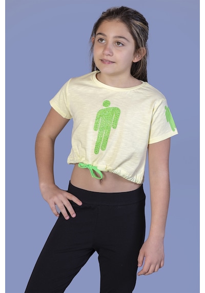 Toontoy Kids Toontoy Kız Çocuk Crop Model Baskılı Taş İşlemeli Tişört Sarı