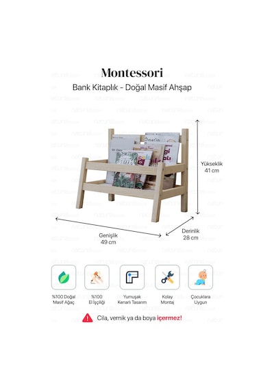 Baby Shark Klasik Masif Ahşap Montessori Bank Kitaplık ve Klasik Dergilik Ahşap