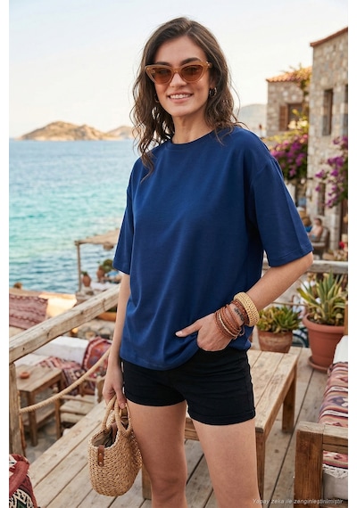 Lela Streç Oversize Fit Bisiklet Yaka Bayan T Shirt 5865911 Lacivert