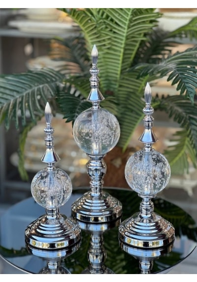 Elta Collection Lüks Gümüş Kristal Küre Alem 3 Lü Dekoratif Obje Seti 100 X 110