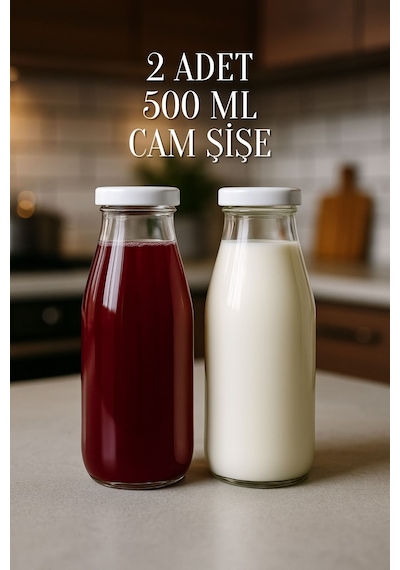 2 Adet Plastik Beyaz Kapaklı 500 Ml Sürahi Süt, Ayran, Su, Limonata Meşrubat Şişesi Cam Şişe 500cc