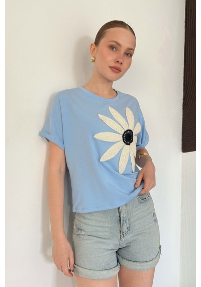 Verymoda Çiçek Detaylı Tişört D2910 Mavi