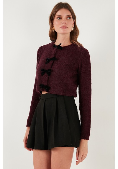 Lela Regular Fit Bisiklet Yaka Kurdele Detaylı Premium Bayan Hırka 680Hi00105 Bordo