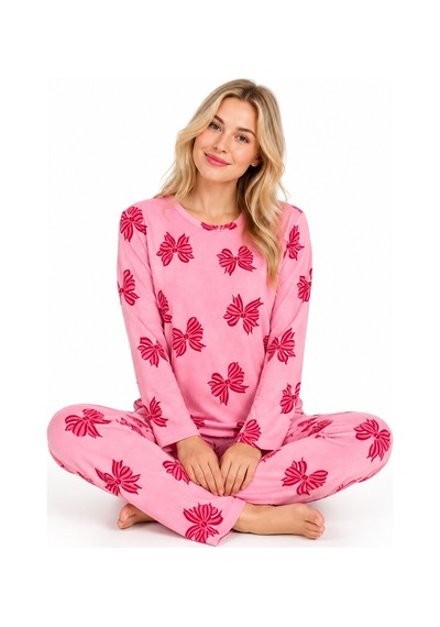 Sleeeproom Kadın Süet Mevsimlik Kurdele Desen Pijama Takımı Pembe - Kırmızı