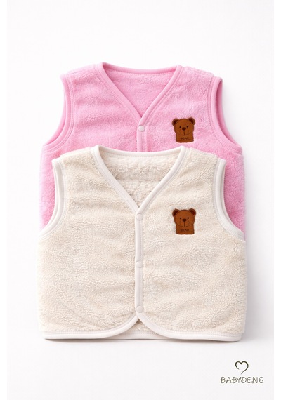 Babyden's 2 Li Welsoft Yelek Seti Kız Bebek Çocuk Ayıcık Armalı Peluş Yumuşak Kışlık Yelek Ekru - Pembe