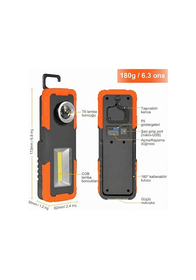 Şarjlı Tamirci Lambası 3 Modlu Led Çalışma Lambası Mıknatıslı & Askılı Ipx4 Suya Dayanıklı Siyah