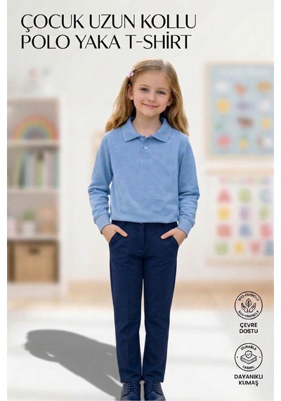 Erdem Kıds Unisex Kız Erkek Çocuk Polo Yaka Pamuklu Uzun Kol Bebe Mavisi Günlük Basic Okul Tişört Bebe Mavi Bebe Mavi