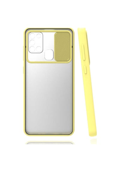 Kilifone - Samsung Uyumlu Galaxy A21s - Kılıf Slayt Sürgülü Arkası Buzlu Lensi Kapak - Sarı