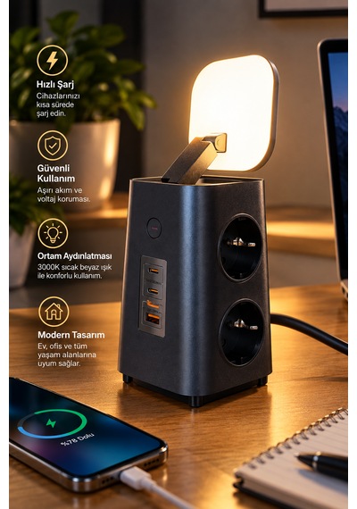Çoklu Akım Korumalı Masaüstü Priz 4 Priz, 2 Usb-c + Usb-a, Pd 20w & Qc 18w Hızlı Şarj, 3680w, Led Aydınlatmalı 1.9 M