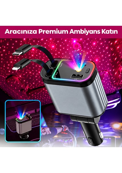66w Led Işık Yıldızlı Tavan 3.4a Type-c + Araç Usb Çakmaklık Hızlı Şarj Cihazı Tüm Araçlara Uyumlu